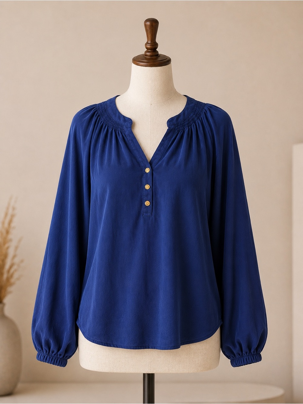 Lilly Pulitzer Navy Henley Smocked Yoke Blouse